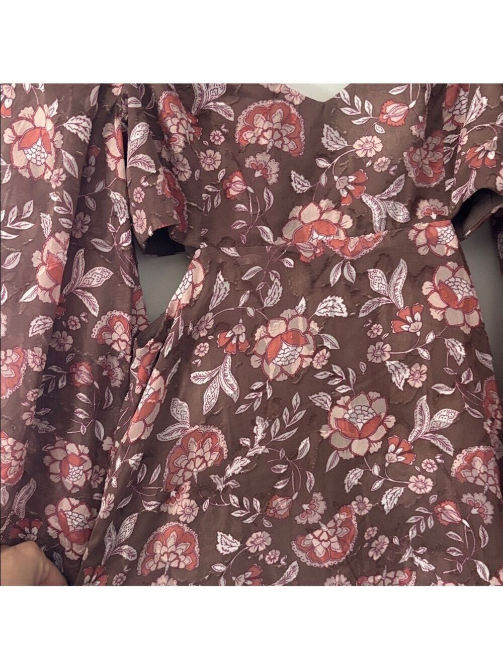 *Dynamite Brown Floral Cutout Puff Sleeve Ruffle Hem Mini Dress NWT Small 0573 - Picture 6 of 10